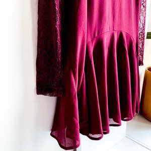 deep burgundy dress with lace sleeves